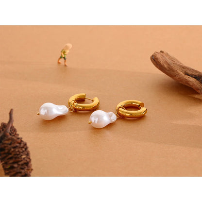 Yhpup Circle Drop Baroque Imitation Pearls Stainless Steel Trendy Gold Color Hoop Earrings Charm Vintage Trendy Jewelry Women