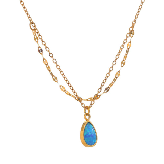Yhpup Exquisite Blue Opal Artificial Stone Pendant Double-layered Chain Stacking Necklace Stainless Steel Stylish Jewelry Gift