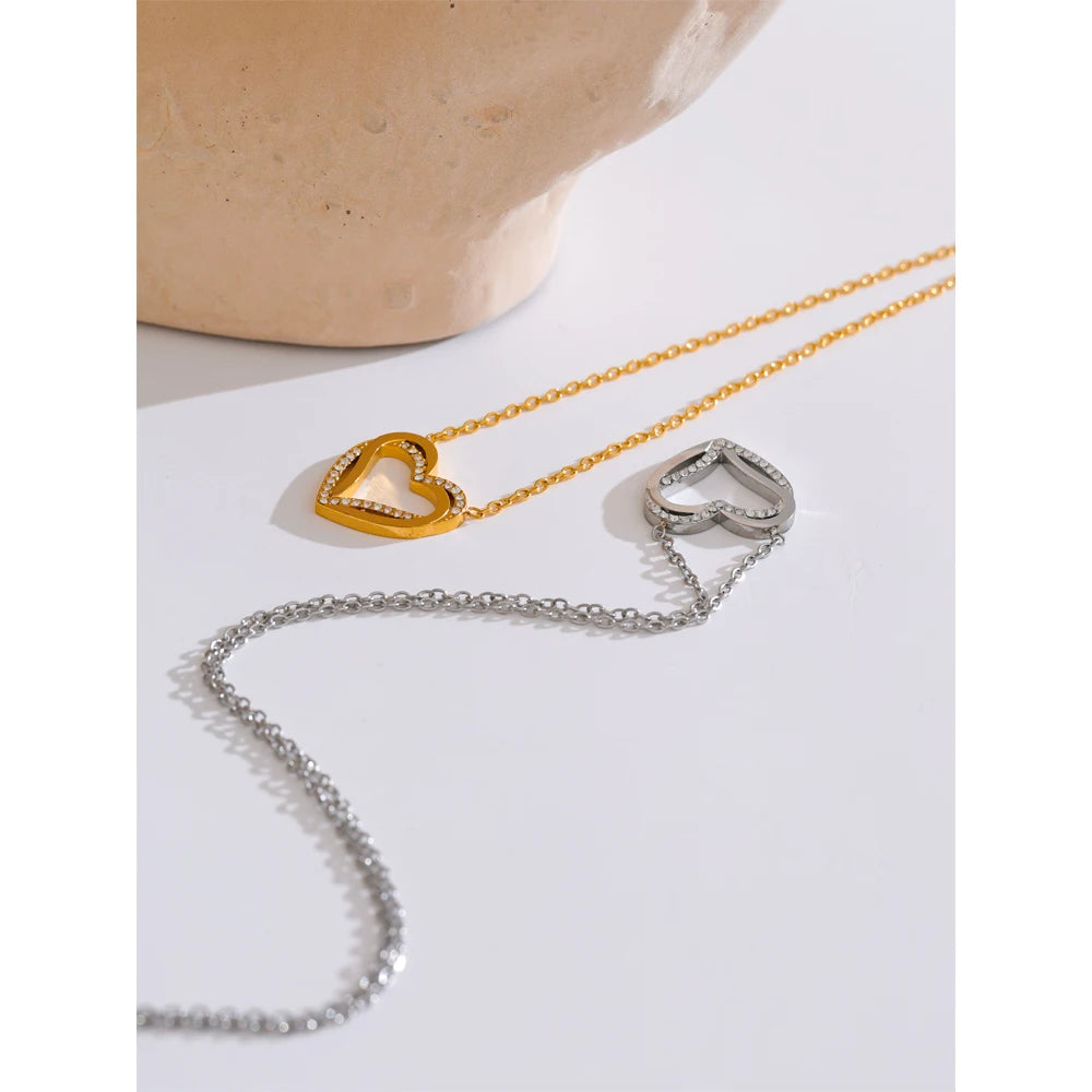 Yhpup Fashion Stainless Steel Zirconia Heart Love Hollow Pendant Necklace for Women Exquisite Romantic Jewelry Girlfriend Gift
