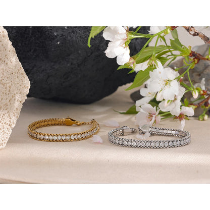 Yhpup Shiny Cubic Zirconia Stainless Steel Chain Gold Color PVD Plated Bracelet Bangle for Women High Quality Jewelry Waterproof