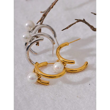 Yhpup Trendy Imitation Pearls Stainless Steel Geometric Huggie Earrings Korean Temperament Anti Allergic Versatile Jewelry New