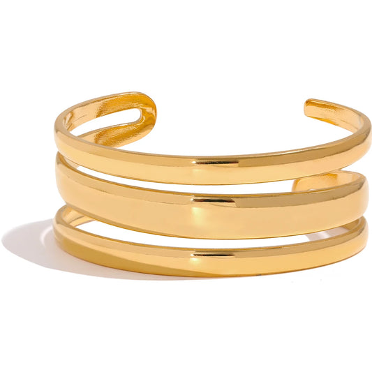 Yhpup Stainless Steel Statement Gold Color Cuff Bracelet Bangle Metal Texture Multi-Layer Temperament Fashion Waterproof Jewelry