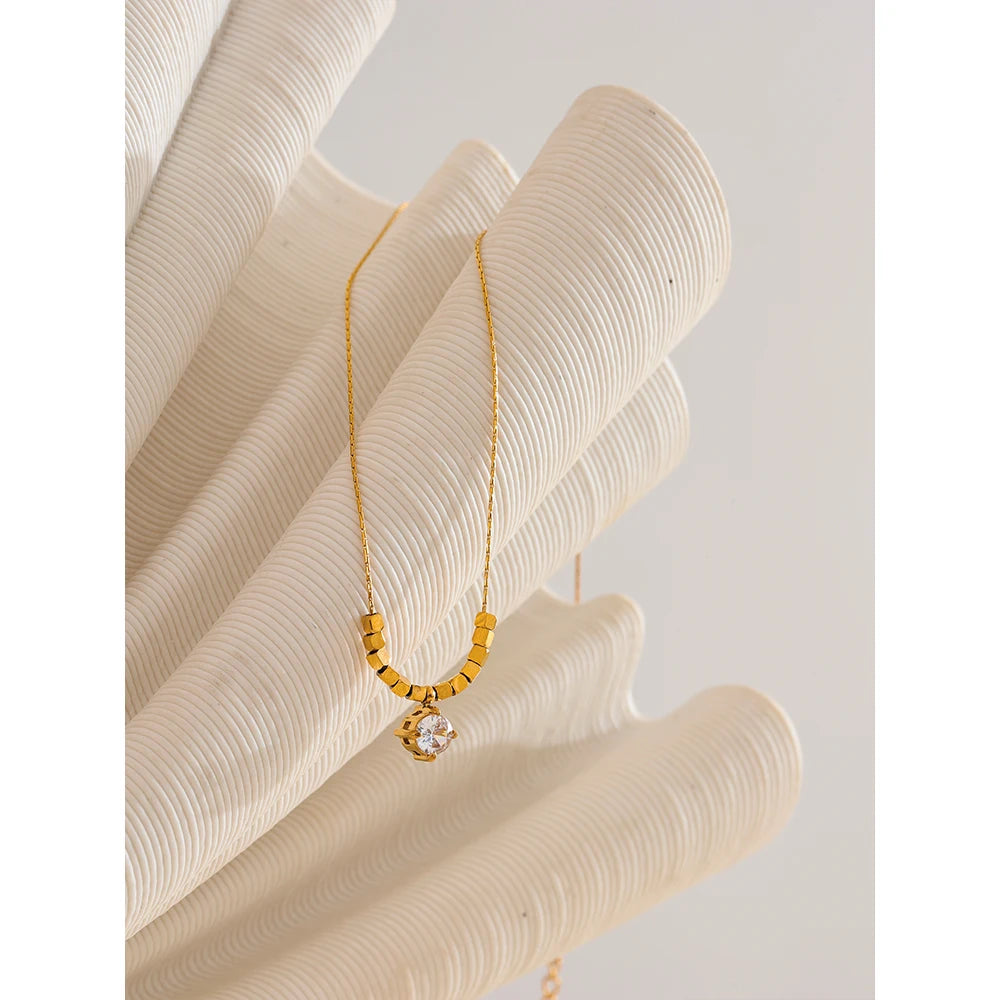 Yhpup Small Chic Square Chain Drop Cubic Zirconia Golden Necklace Pendant for Women High Quality Stainless Steel Popular Jewelry