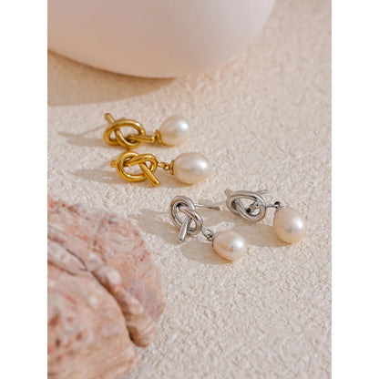 Yhpup Luxury Natural Freshwater Pearl Knot Drop Earrings Trendy Stainless Steel Exquisite High Quality Versatile Jewelry Gift