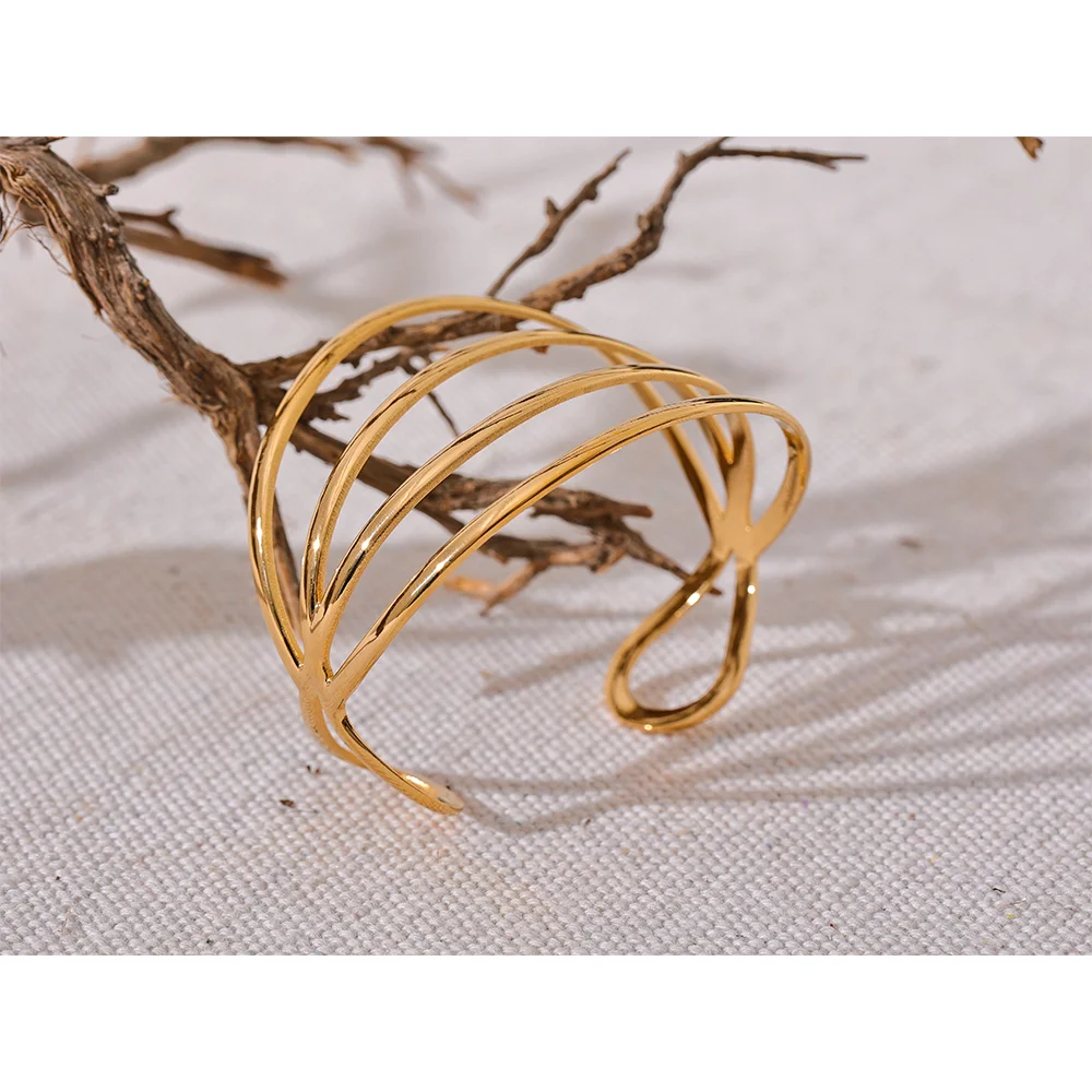 Yhpup Personalized Stainless Steel Geometric Hollow Cuff Bracelet Bangle Gold Color Waterproof Metal Wrist Unusual Jewelry