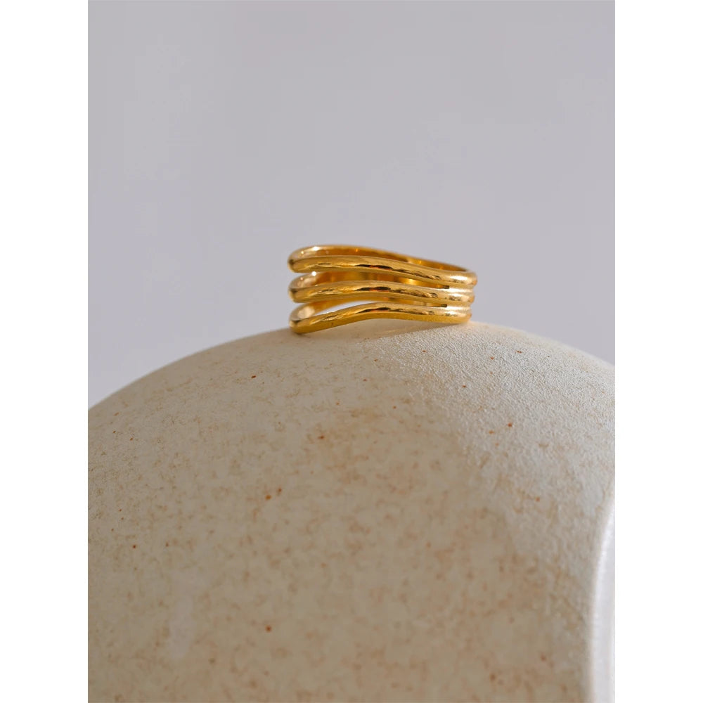 Yhpup 678# Distinctive Stainless Steel Metal Geometric Layered Hollow Golden Ring Charm Trendy Daily Jewelry Accessories
