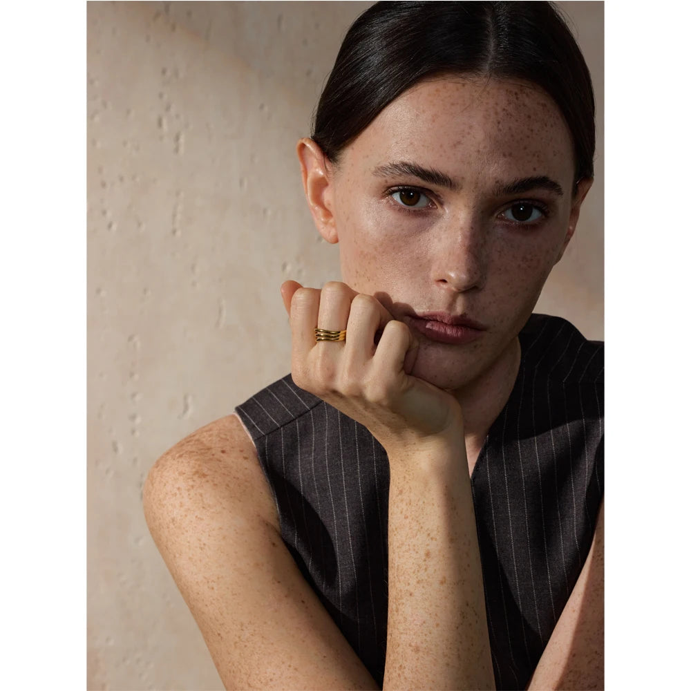 Yhpup 678# Distinctive Stainless Steel Metal Geometric Layered Hollow Golden Ring Charm Trendy Daily Jewelry Accessories