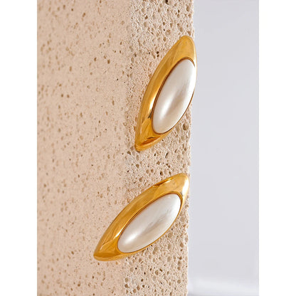 Yhpup Exclusive Elegant Imitation Pearls Oval Golden Big Stud Earrings Women Handsome Stainless Steel Temperament Jewelry