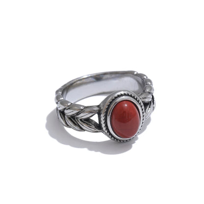 Yhpup Retro Stainless Steel Red Gold Color Smearing Black Natural Stone Ring 18K PVD Plated Rust Proof Vintage Finger Jewelry