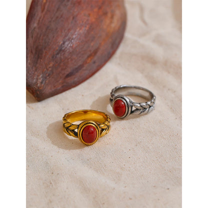 Yhpup Retro Stainless Steel Red Gold Color Smearing Black Natural Stone Ring 18K PVD Plated Rust Proof Vintage Finger Jewelry