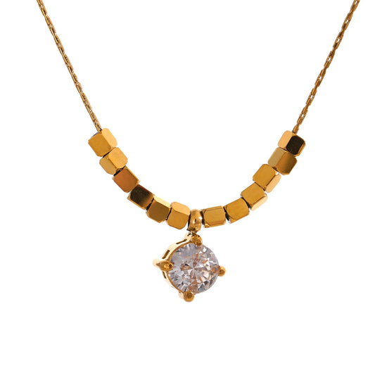 Yhpup Small Chic Square Chain Drop Cubic Zirconia Golden Necklace Pendant for Women High Quality Stainless Steel Popular Jewelry