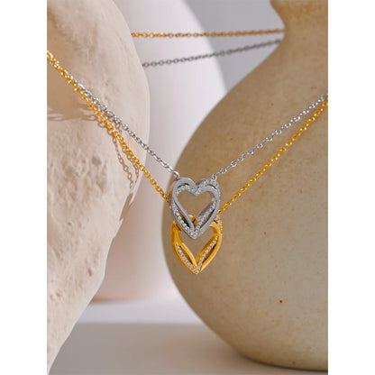 Yhpup Fashion Stainless Steel Zirconia Heart Love Hollow Pendant Necklace for Women Exquisite Romantic Jewelry Girlfriend Gift