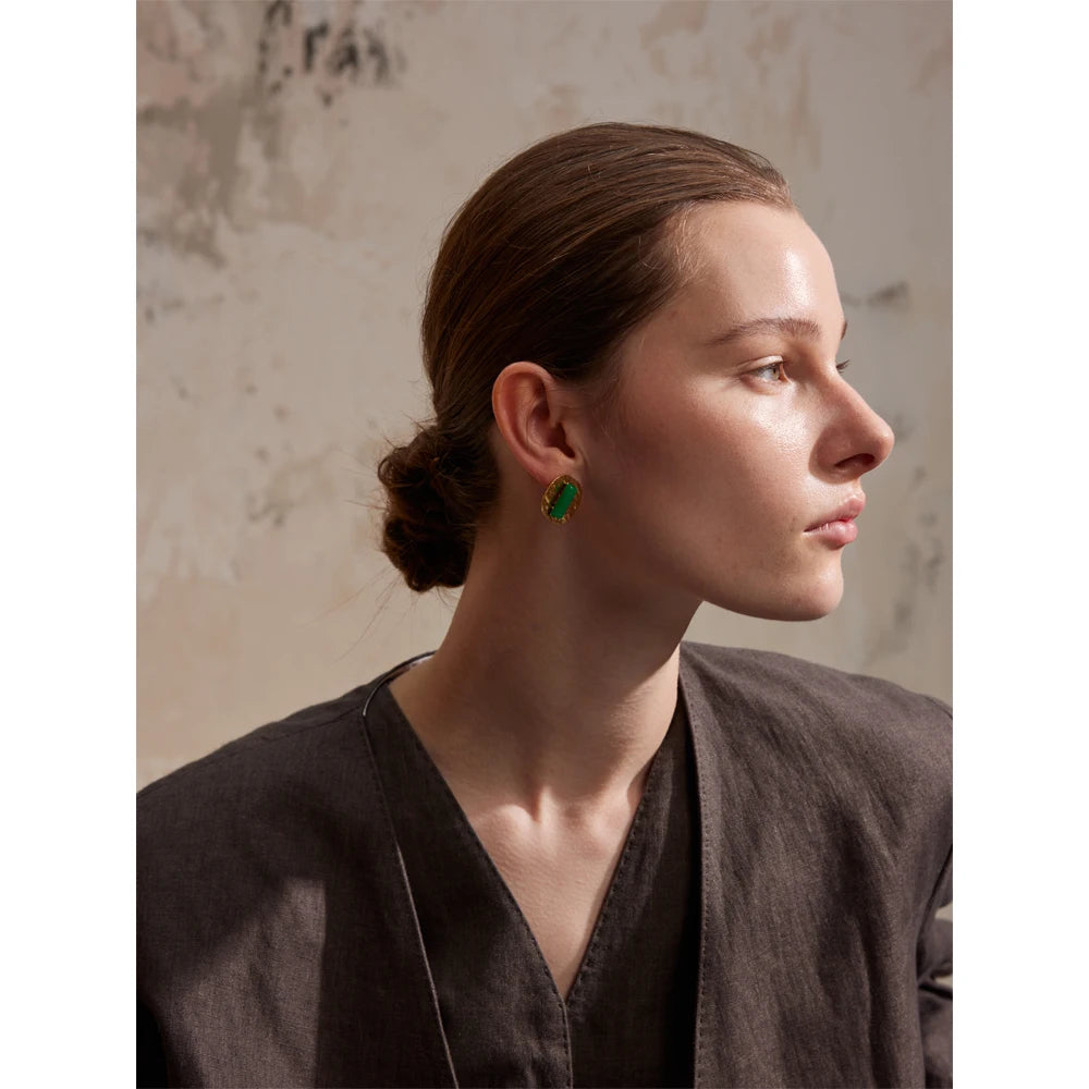 Yhpup Natural Stone Green Agate Square Hammer Fashion Stud Earrings Women Prevent Allergy Metal Attractive Daily Jewelry Gift
