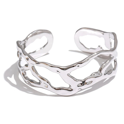 Yhpup Stylish Unique Design Stainless Steel Metal Hollow Wide Cuff Bracelet Bangle Texture Rust Proof 18K PVD Plated Jewelry