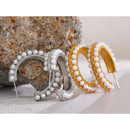 Yhpup Elegant Imitation Pearls Stainless Steel C Shape Geometric Hoop Huggie Earrings Vintage Metal Charm Stylish Jewelry Bijoux