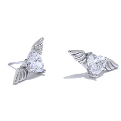 Yhpup Fashion Stainless Steel Shiny Cubic Zirconia Wing Stud Earrings for Women Prevent Allergy Chic Daily Jewelry Gift