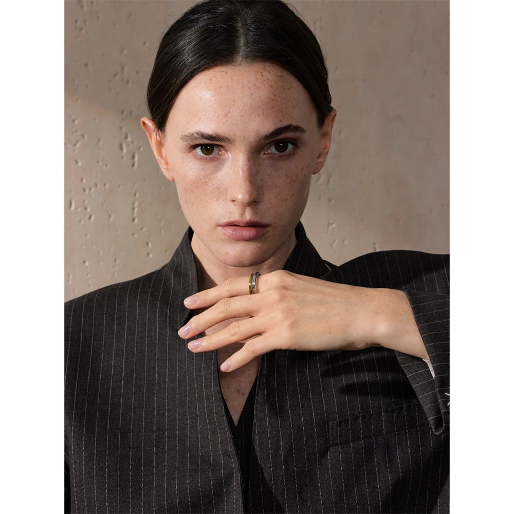 Yhpup 6789# Statement Stainless Steel Metal Double Color Geometric Casting Ring for Women Water Resistant Trendy Jewelry Gift