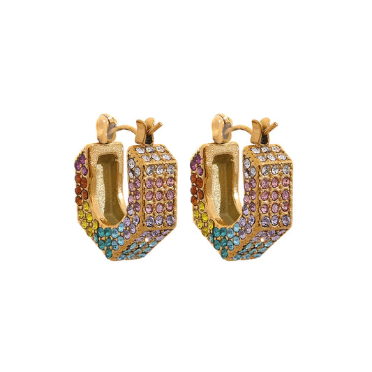 Yhpup Luxury Colorful White Cubic Zirconia Shinny Stainless Steel Hollow Hoop Earrings Women Fashion 18K PVD Gold Plated Jewelry