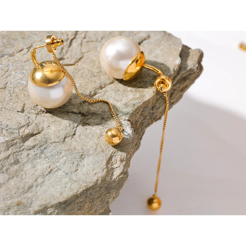 Yhpup Korean Imitation Pearls Chain Long Drop Stainless Steel Earrings Temperament Geometric Fashion Chic Party Jewelry Women