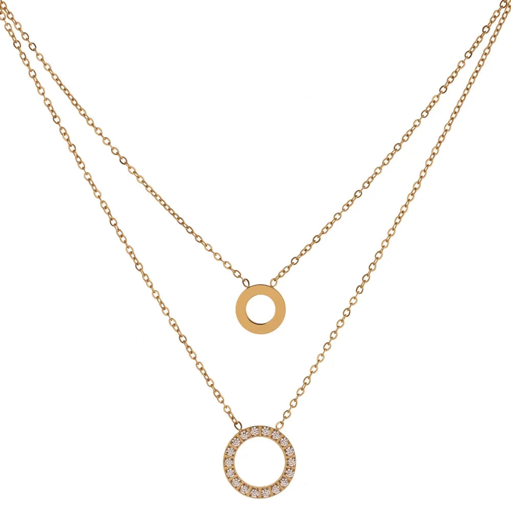 Yhpup New Stainless Steel брелок Exquisite Round Hollow Layered Chain Necklace  Delicate Shiny Cubic Zirconia Choker Necklace