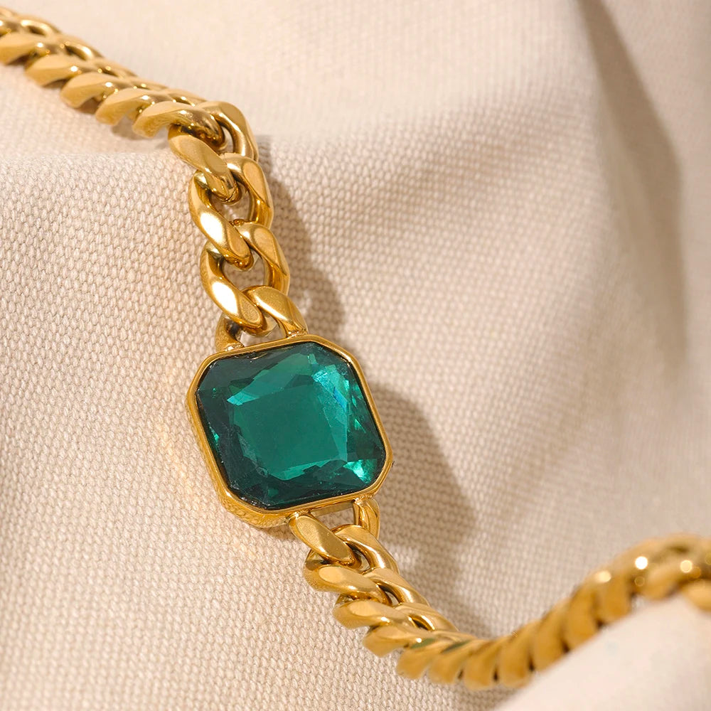 Yhpup Hyperbolic Gold Color Thick Cuban Chain Green Crystal Metal Texture Stainless Steel Statement Necklace Fashion Jewelry