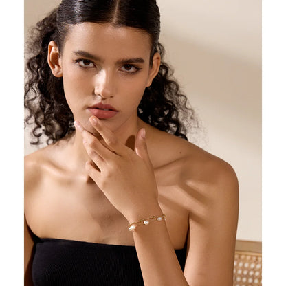 Yhpup Natural Pearls Double Layer Chain Stainless Steel Charm Bracelet Bangle Women Stylish Summer Jewelry Waterproof