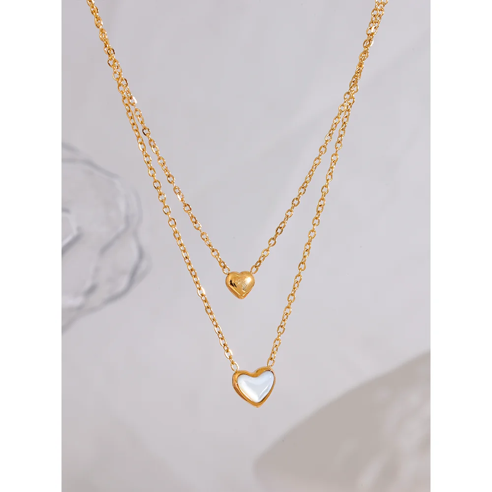 Yhpup Super Chic Stainless Steel Heart Natural Shell Pendant Double Layered Necklace Exquisite Chain Korean Jewelry Women Gift