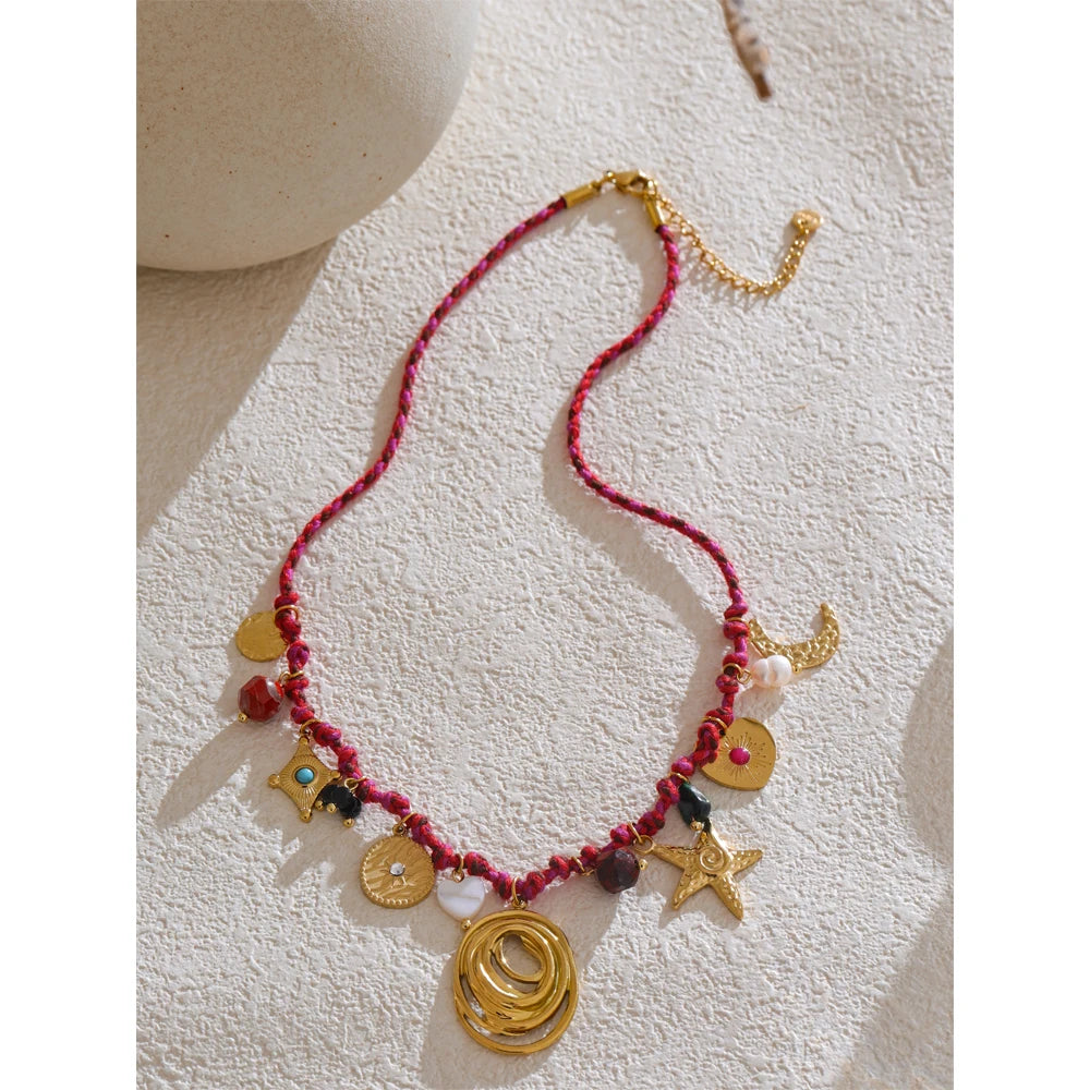 Yhpup Fashion Rope Braided Handmade Necklace Drop Natural Stone Moon Star Stainless Steel Accessories Popular Jewelry