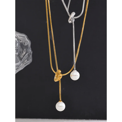 Yhpup 316l Stainless Steel Long Chain Heart Pendant Passed Chest Necklace Imitation Pearls Fashion Gold Silver Color Jewelry