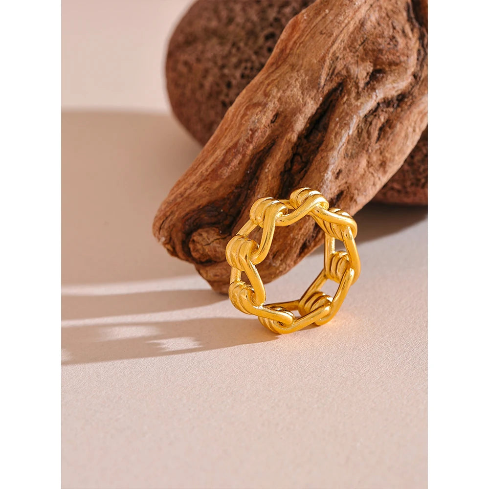 Yhpup Individualistic Stainless Steel Chain Hollow Ring Water Resistant Metal Statement Gold Color Charm Finger Jewelry New