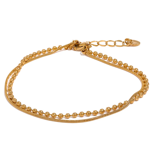 Yhpup Stainless Steel Flat & Bead Chains Double Layer Fashion Bracelet Bangle Men Women Charm Summer Beach Trendy Chic Jewelry