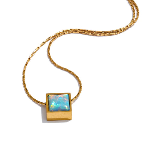 Yhpup Delicate Stainless Steel Square Natural Opal Stone Pendant Necklace Chain Stylish Dainty Golden Collar Chic Jewelry Gift