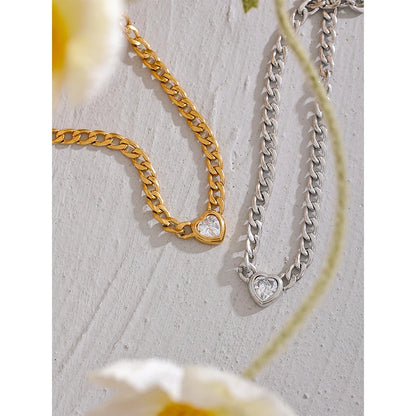 Yhpup Stainless Steel Golden Chain Link Heart Bling Zirconia Pendant Necklace 18K PVD Plated Waterproof Fashion Jewelry Unisex