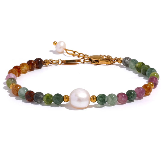 Yhpup Natural Tourmaline Stone Pearl Fashion Colorful Bead Bracelet Bangle for Women Mother Gift Healing Charm Jewelry Wholesale