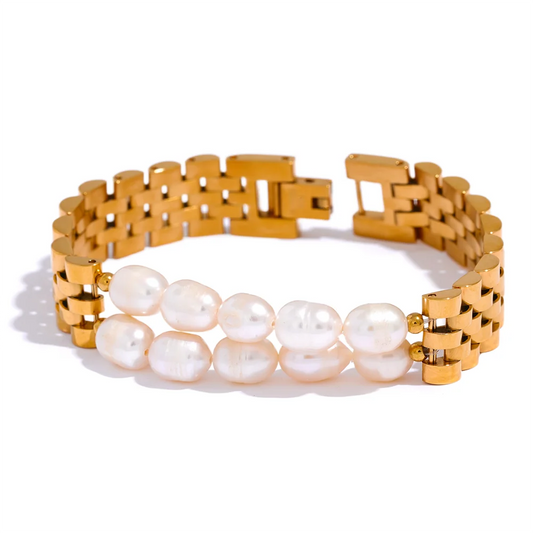 Yhpup Luxury Natural Pearls Cuban Chain 316L Stainless Steel Bracelet Bangle High Quality Women Gold Color Premium Jewelry Gift