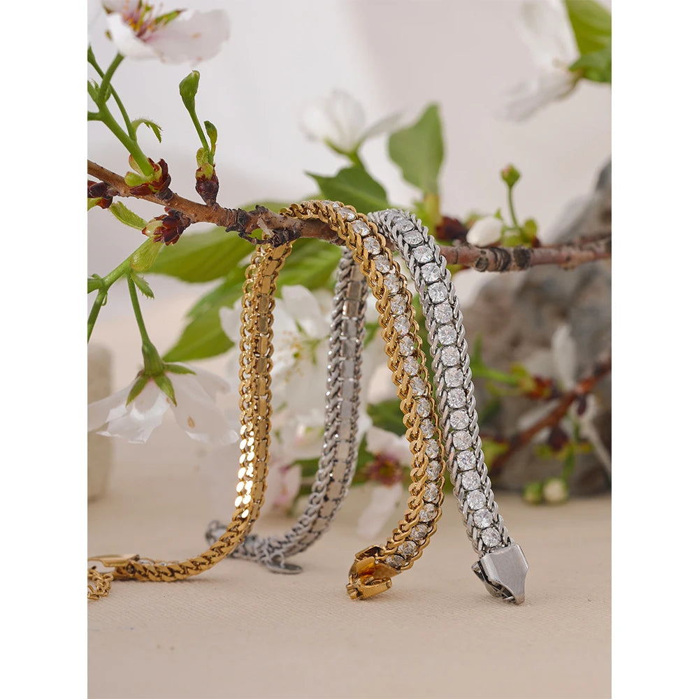Yhpup Shiny Cubic Zirconia Stainless Steel Chain Gold Color PVD Plated Bracelet Bangle for Women High Quality Jewelry Waterproof