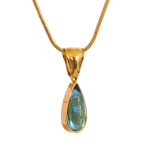 Yhpup Stylish Green Glass Crystal Water Drop Pendant Necklace for Women 316l Stainless Steel Cast Gold Color Fashion Jewelry New