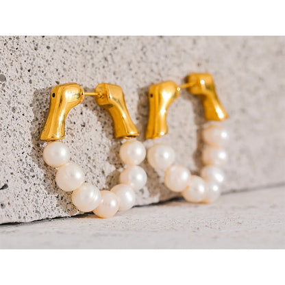 Yhpup Luxury Natural Freshwater Pearls Stainless Steel Handmade Hoop Earrings for Women 18K Gold Color Fashion Chic Jewelry Gift