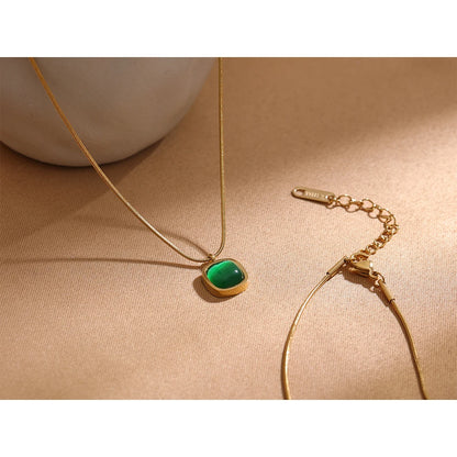 Yhpup Square Green Opal Stone Pendant Drop Dangle Necklace for Women Charm Jewelry Minimalist Geometric Stainless Steel Necklace