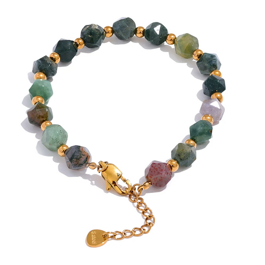 Yhpup Indian Agate Natural Stone Beads Chain Men Bracelet Bangle Stainless Steel Wrist Handmade Summer Jewelry Waterproof