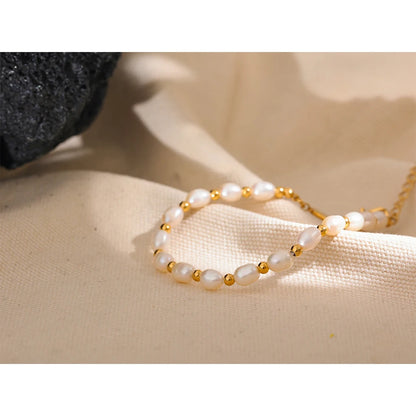 Yhpup Natural Freshwater Pearls Fashion Handmade Bracelet Bangle Women Waterproof PVD Charms Stainless Steel Beads Jewelry Gift