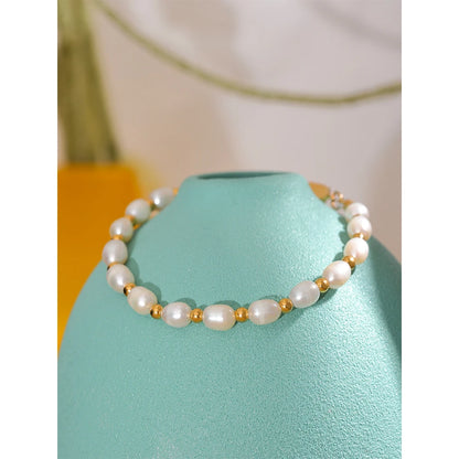 Yhpup Natural Freshwater Pearls Fashion Handmade Bracelet Bangle Women Waterproof PVD Charms Stainless Steel Beads Jewelry Gift