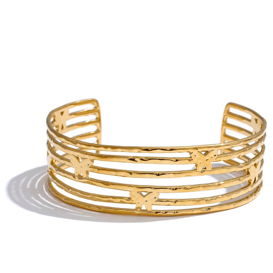 Yhpup Statement Stainless Steel Butterfly Hollow Wide Fashion Cuff Open Bracelet Bangle for Women Waterproof Jewelry New