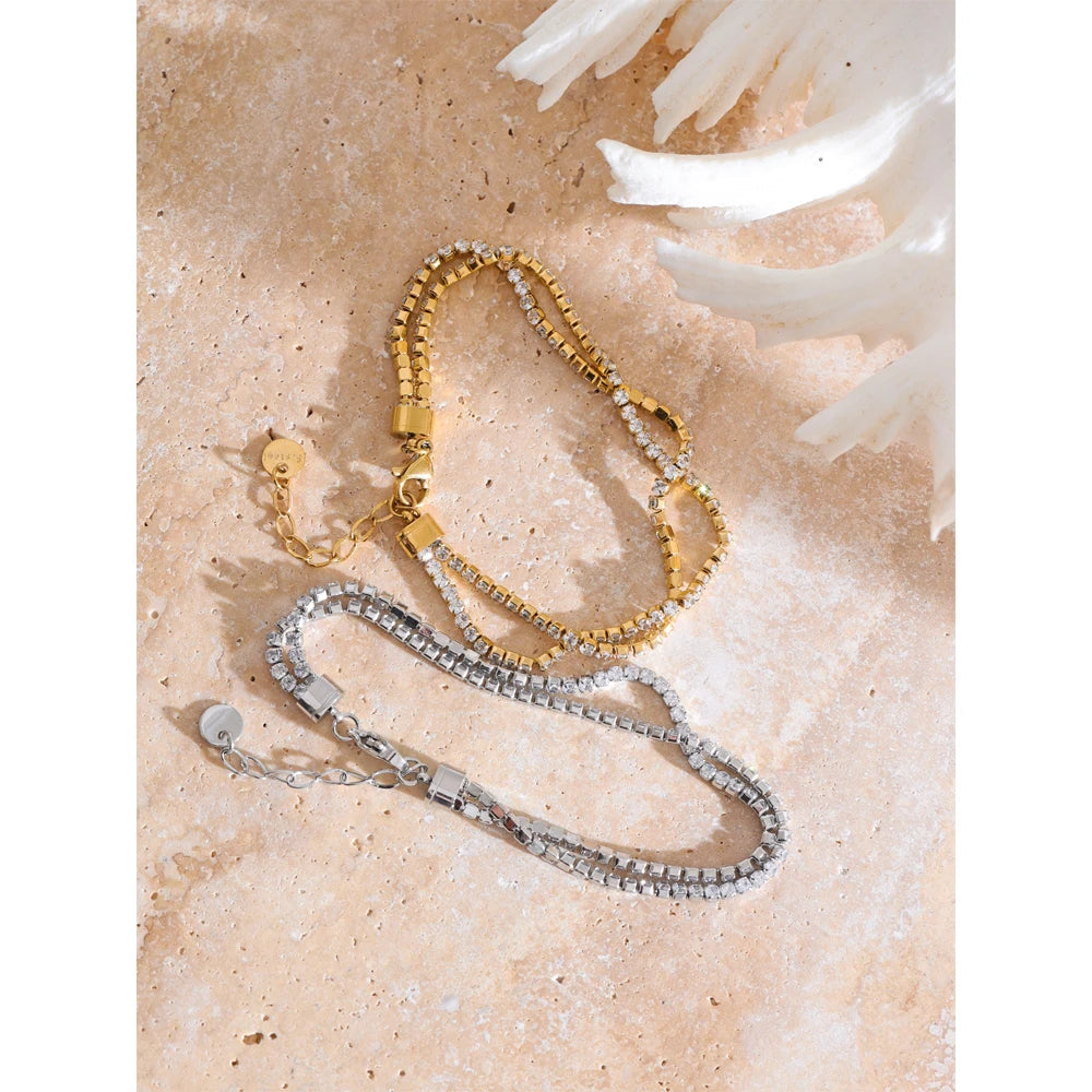Yhpup Stainless Steel Shiny Cubic Zirconia Bracelet with Extended Chain Adjustable Wrist Gold Platinum Color Jewelry Waterproof