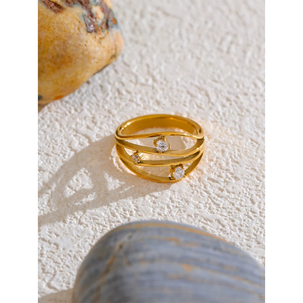 Yhpup 2 Style Stainless Steel Casting Metal Hollow Inlaid Cubic Zirconia Fashion Ring 18k Gold PVD Plated Trendy Finger Jewelry