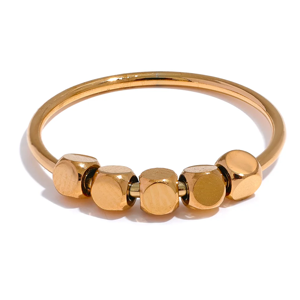 Yhpup Stainless Steel Square Beads Ring Women Fashion Thin Metal Gold Silver Color Summer Rust Proof Finger Jewelry Anneaux