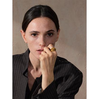 Yhpup 316L Stainless Steel Metal Hammer Snake Twisted Ring Water Resistant Texture Geometric Statement 18k Gold Color Jewelry