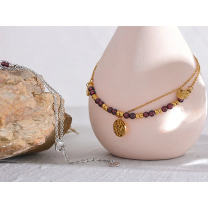 Yhpup Stainless Steel Layered Summer Anklet Chic Stylish Jewelry Fashion Natural Garnet Stone Beads Handmade Chain Women