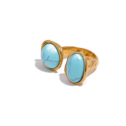 Yhpup Size 7 Vintage France Natural Stone Stainless Steel Cast Geometric Big Ring Women Fashion Charm Golden Personality Jewelry
