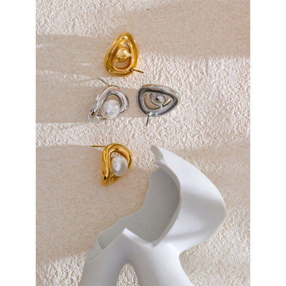 Yhpup Fashion Stainless Steel Simulated Pearls Hollow Oval Geometric Stud Earrings Prevent Allergy Metal Arrival Jewelry Daily